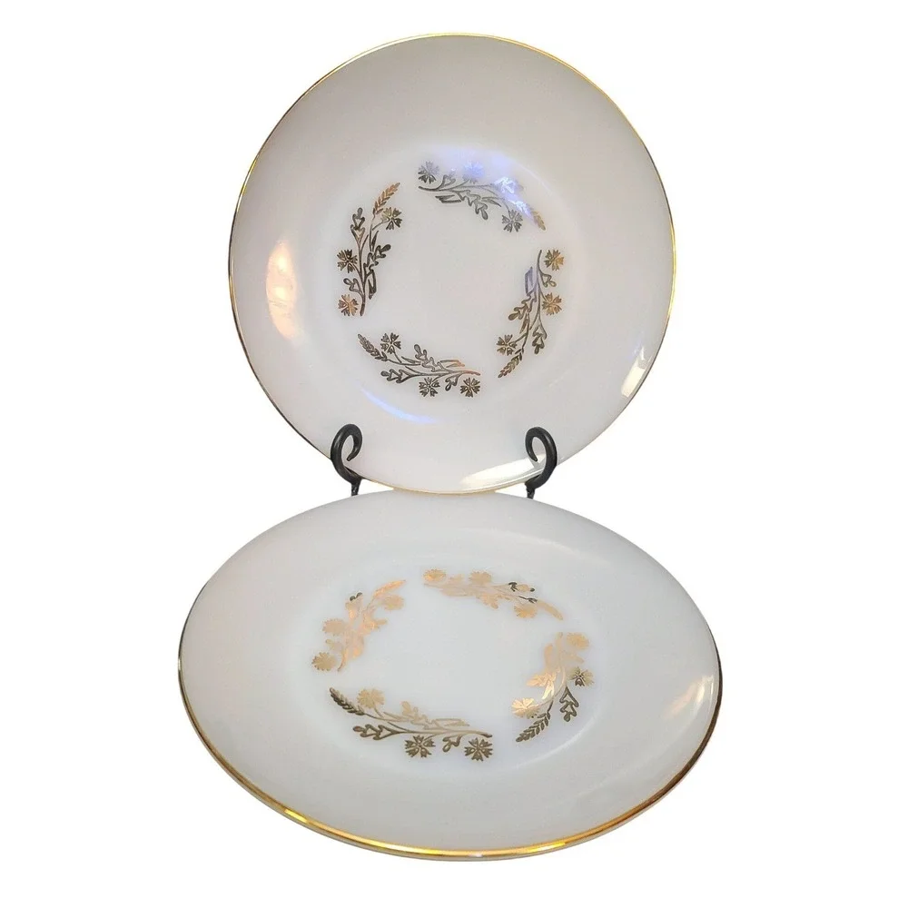 Federal Glass Milk Glass Meadow Gold Dinner Plates Gold Rim Set‎ of 2